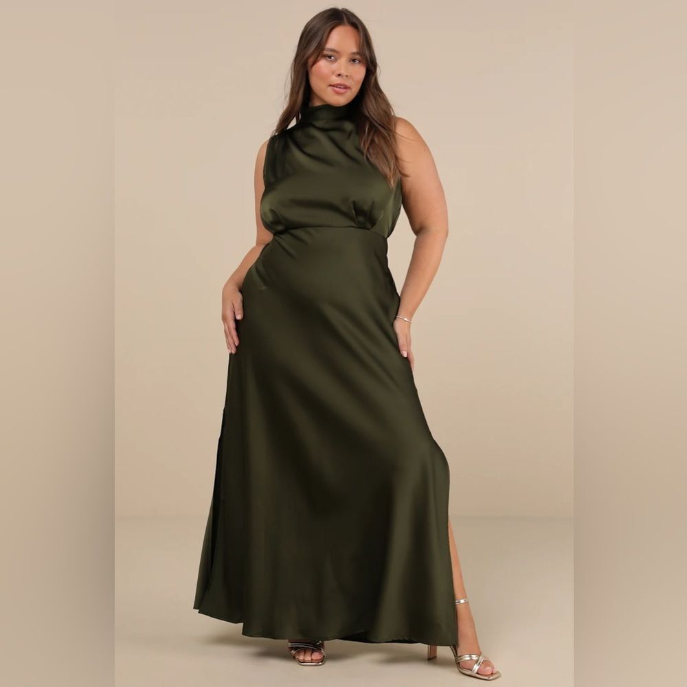 Lulus Classic Elegance Olive Satin Sleeveless Mock Neck Maxi Dress - Picture 3 of 16